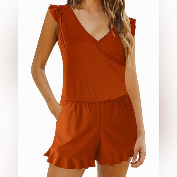 One-Piece Rust Orange Ruffle Swimsuit Romper size L - Picture 1 of 12